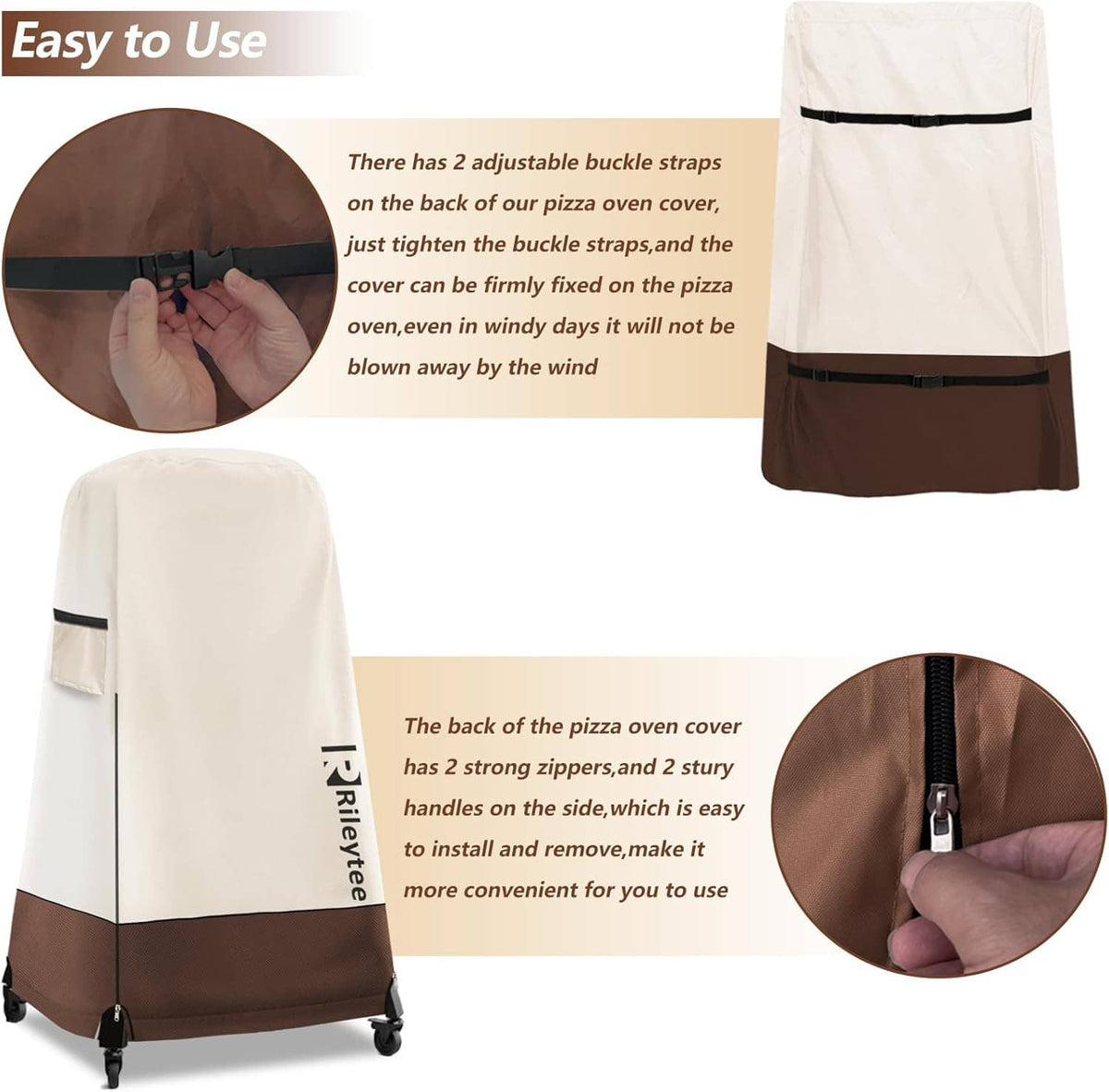 Cream and brown pizza oven cover with adjustable toggle hem cord and zipper details.