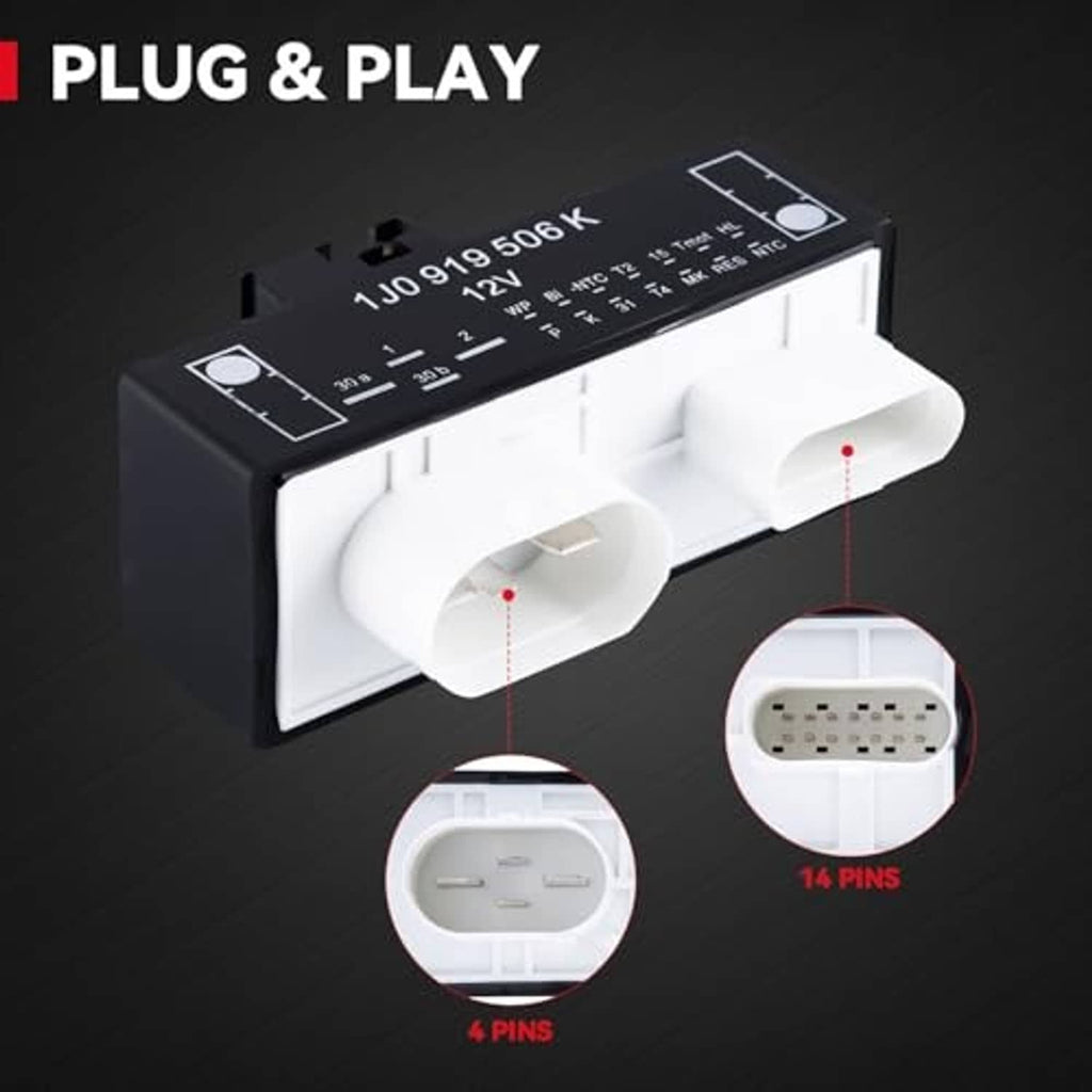 Radiator cooling fan control module with main connector and side wire tabs