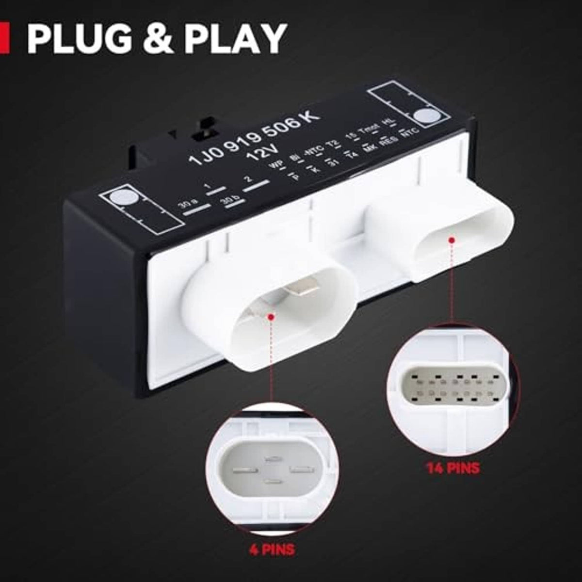 Radiator cooling fan control module with main connector and side wire tabs
