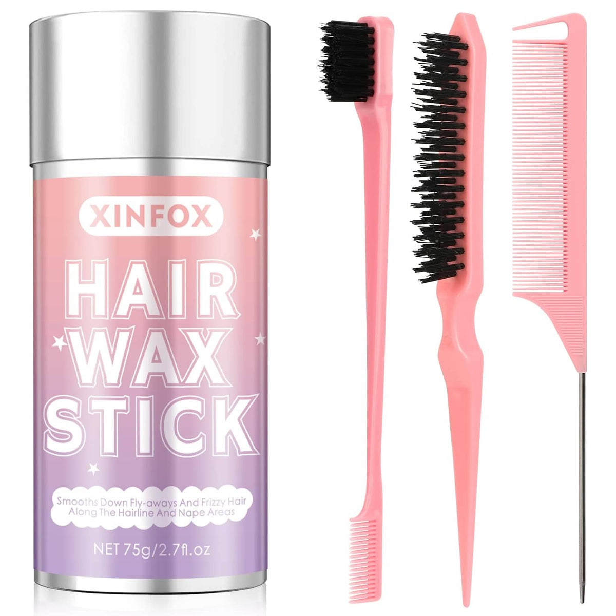 Hair wax stick with pink mini brush and small comb for slick styling
