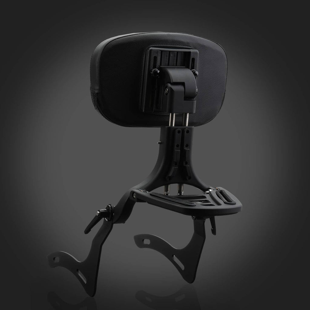 Motorcycle sissy bar backrest with black padded pad and upright support frame