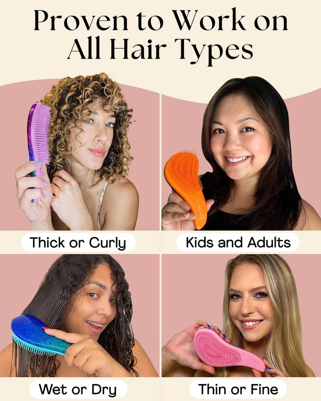 Hair detangler brush with colorful handles: purple, orange, blue, and pink.