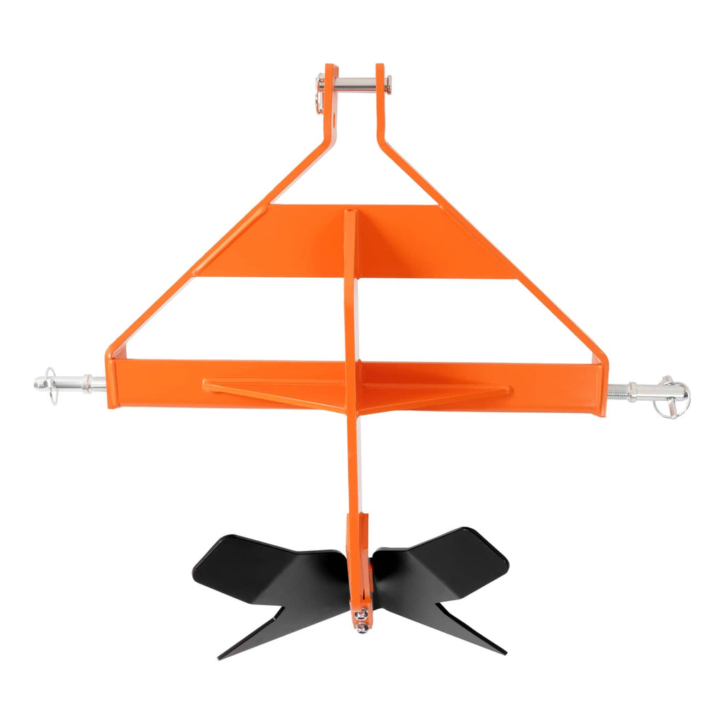 Orange steel 3-point middle buster quick hitch with black ground blade and two side pins
