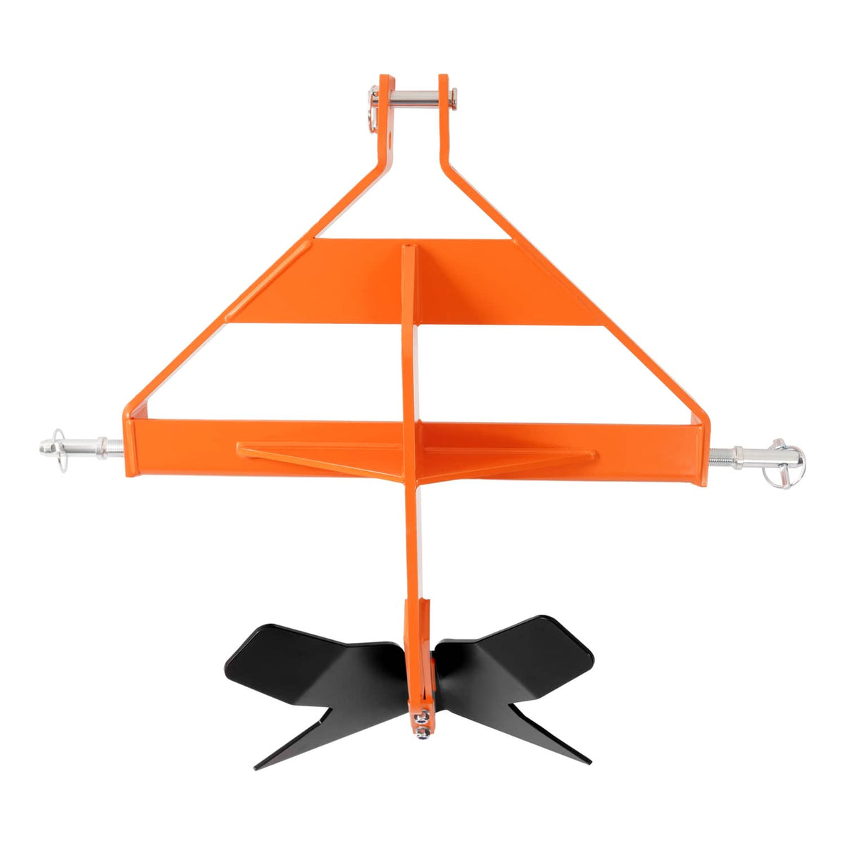 Orange steel 3-point middle buster quick hitch with black ground blade and two side pins