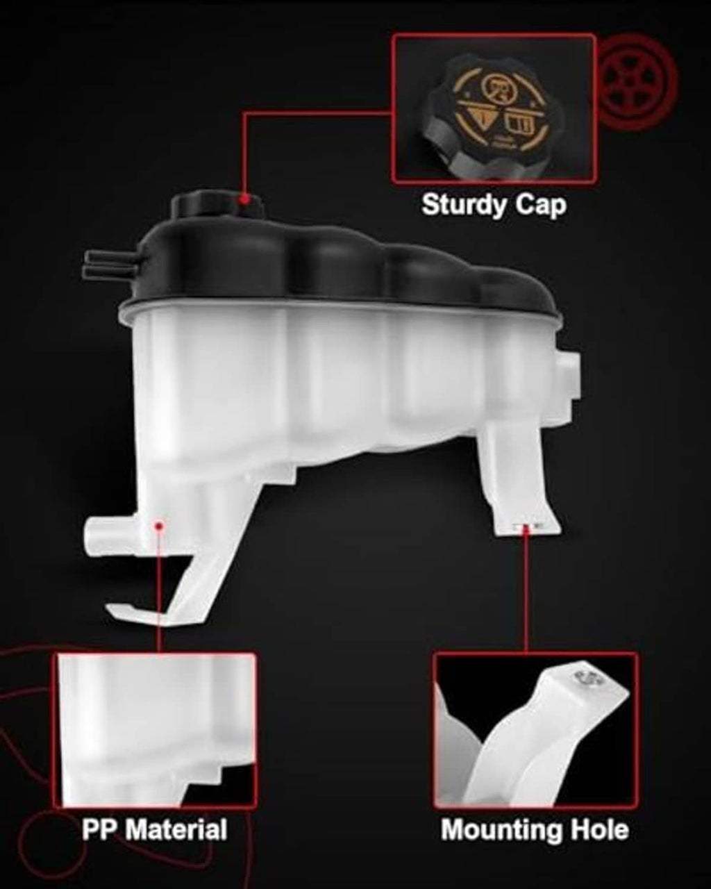 Coolant reservoir tank with sturdy black cap and white translucent body