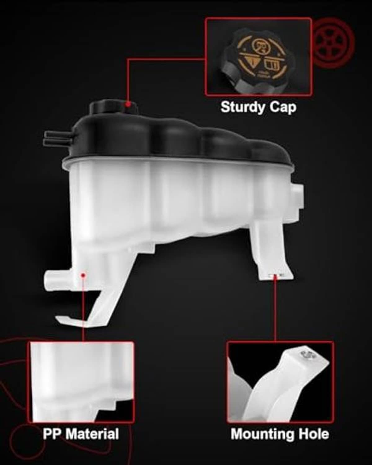 Coolant reservoir tank with sturdy black cap and white translucent body