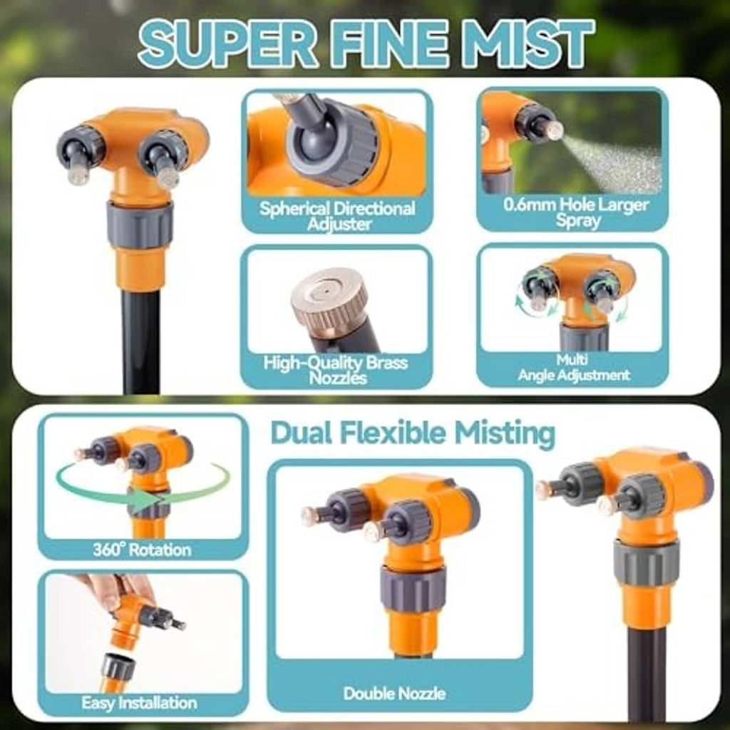 Multi-angle misting nozzle with twin spray heads and orange top on black stand