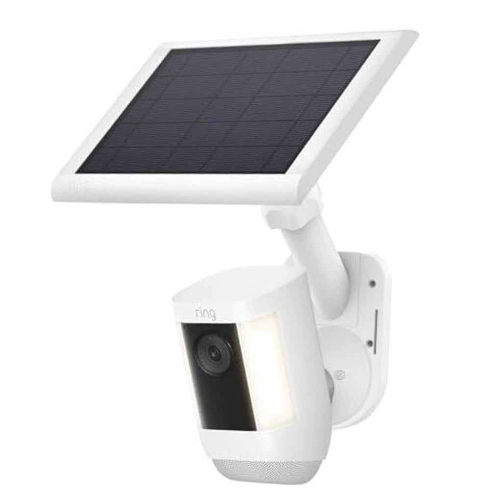 White 2-in-1 solar wall mount with tilt security camera and rectangular solar panel.