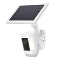 White 2-in-1 solar wall mount with tilt security camera and rectangular solar panel.
