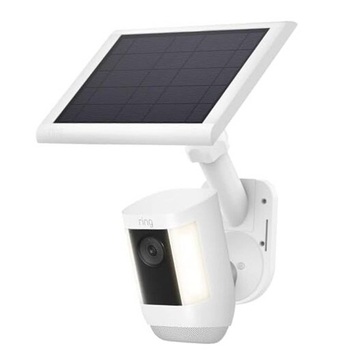 White 2-in-1 solar wall mount with tilt security camera and rectangular solar panel.