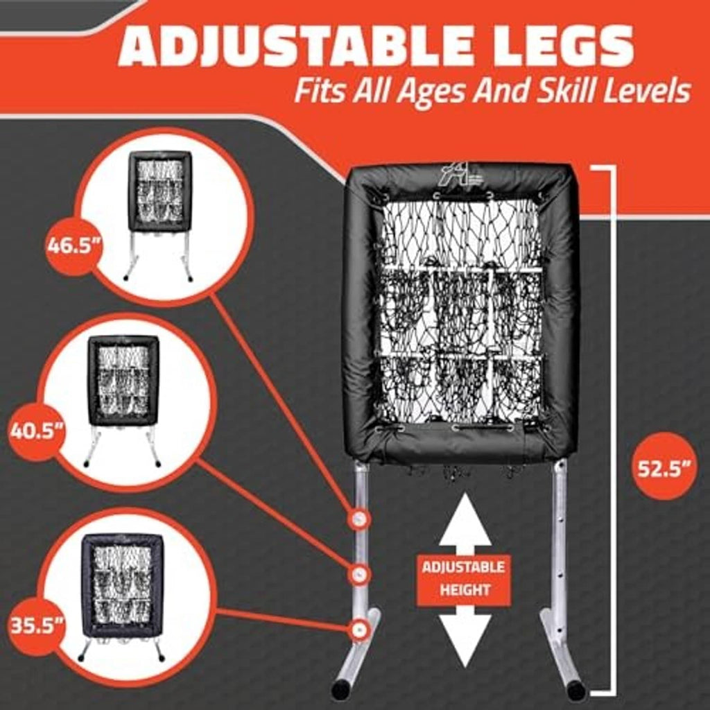Black pitching net on adjustable-height metal legs with strike-zone target