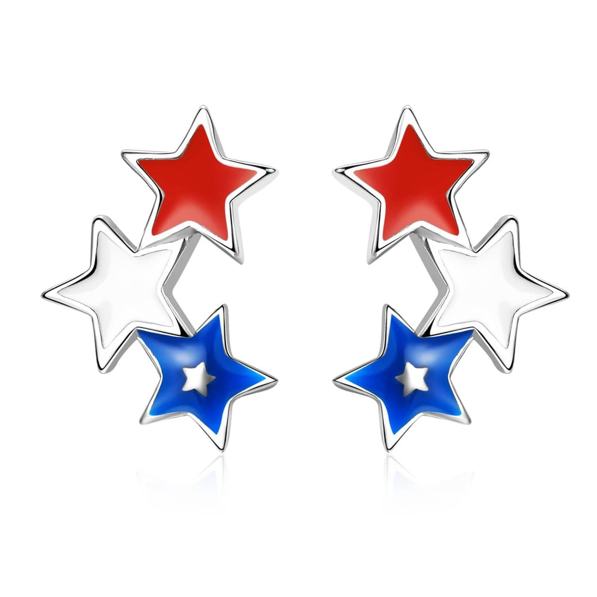 Star stud earrings with red, white, and blue enamel stars, silver-tone backing