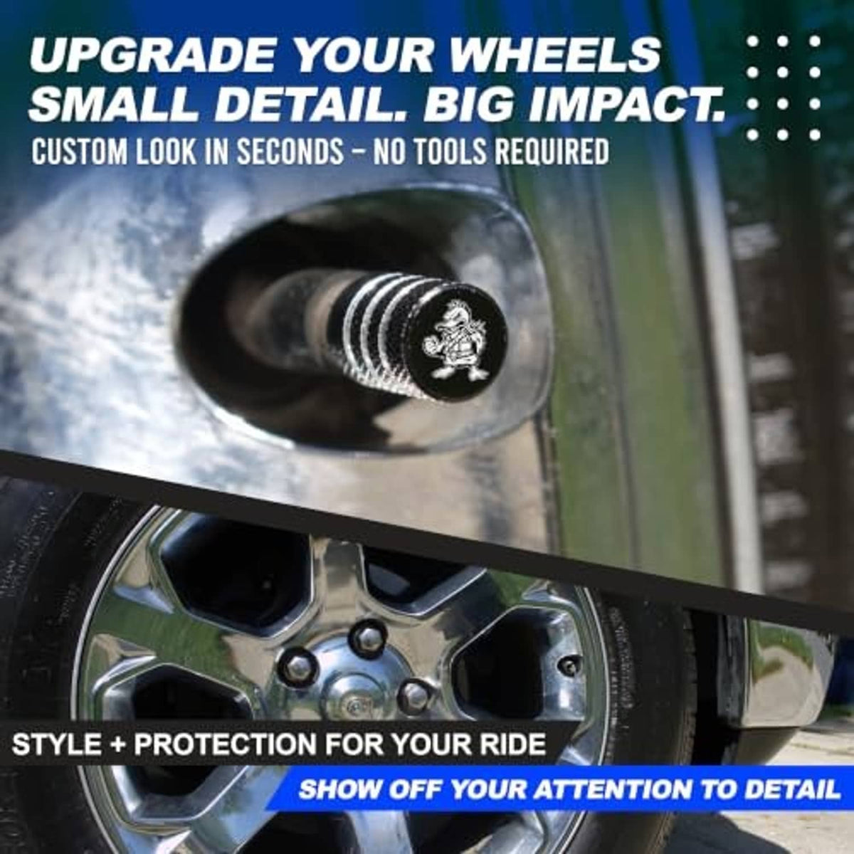 Duck tire valve stem cap installed on car wheel valve; black textured cap with silver bands