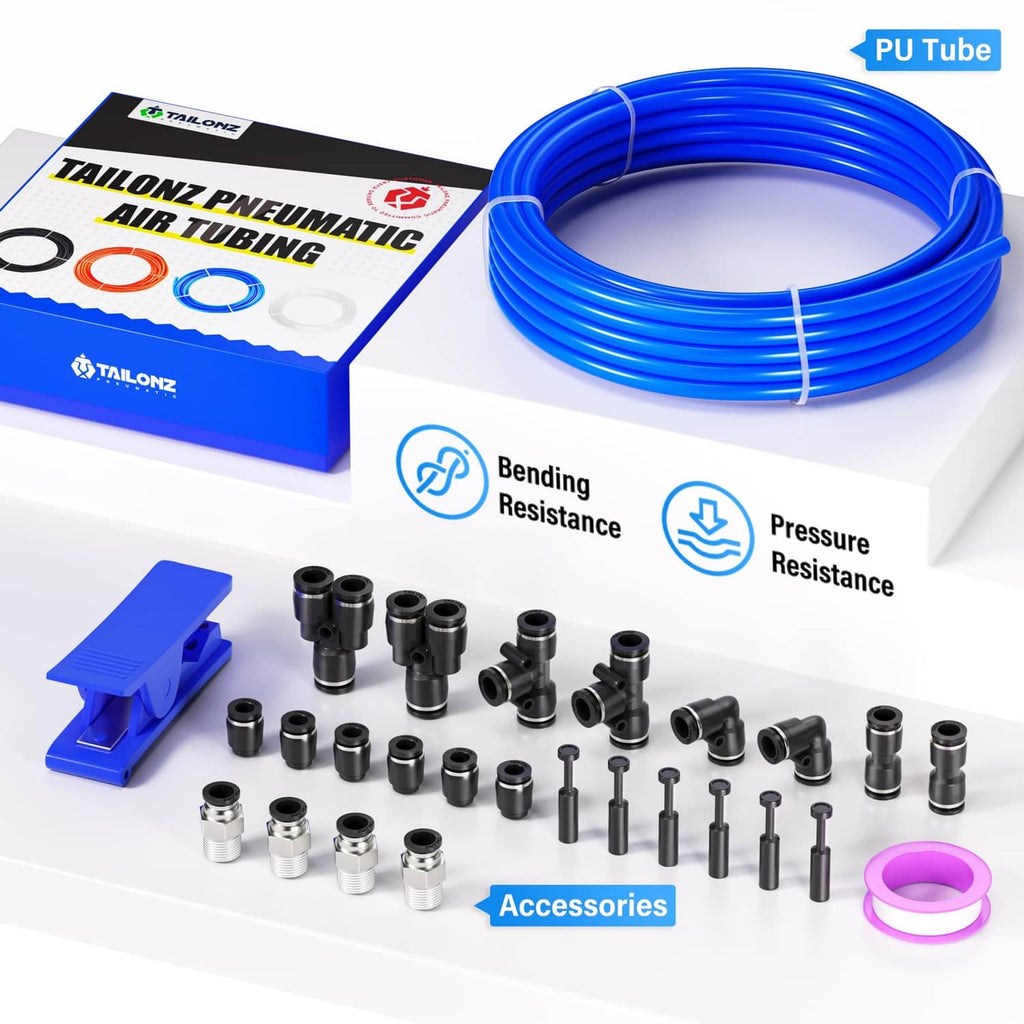 Coiled blue PU air tubing kit with multiple black push connectors and fittings