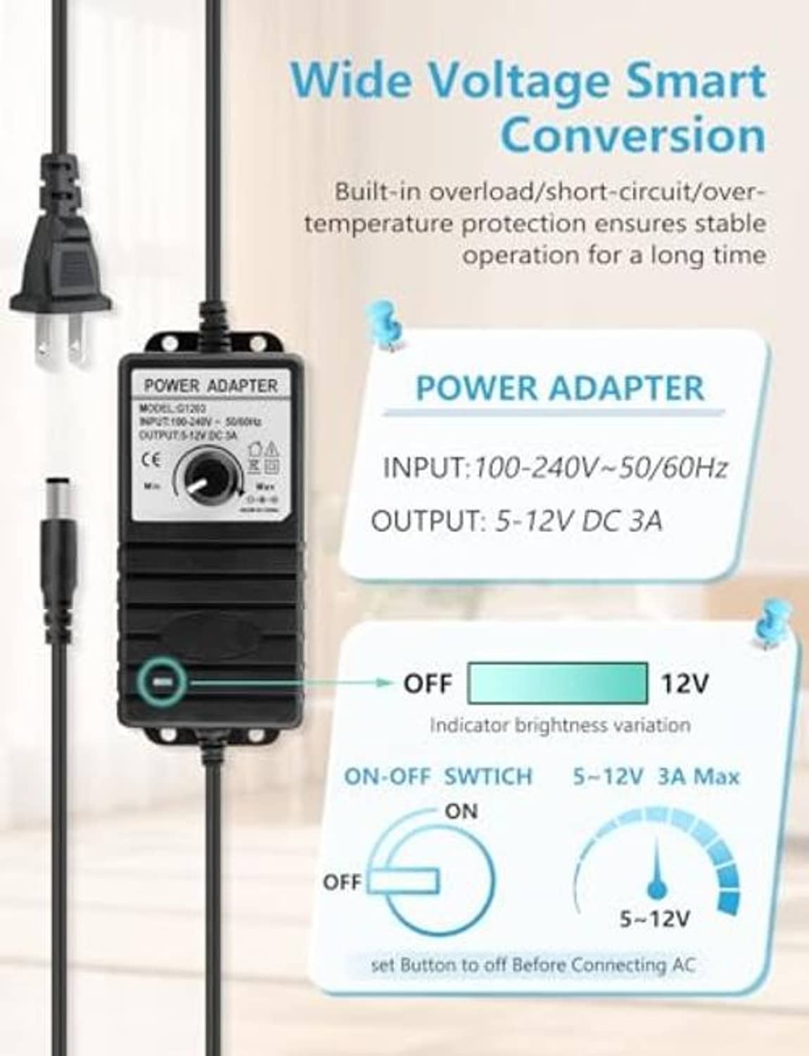 Compact AC to DC power adapter module with adjustable knob for 5–12V DC output