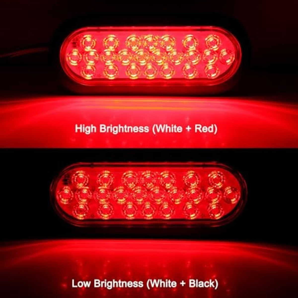 Red glowing oval LED trailer tail light with clear lens and black housing