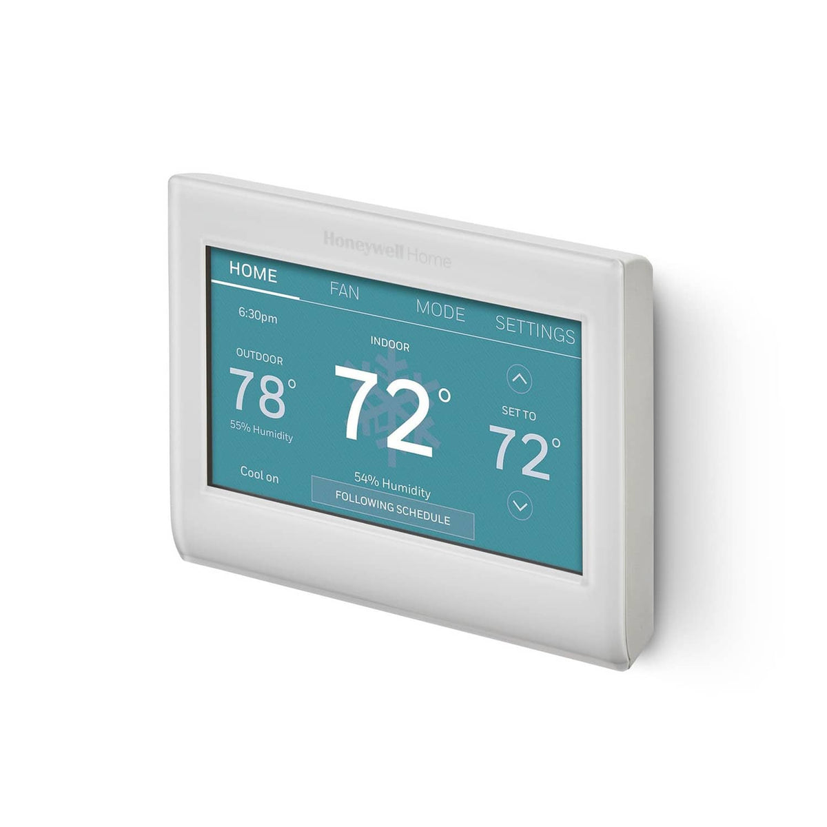 Angled white smart color thermostat with teal touchscreen showing home, fan, mode, and settings.
