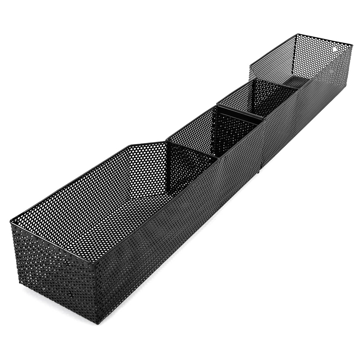 Black mesh front dashboard storage organizer tray with three sections and open top