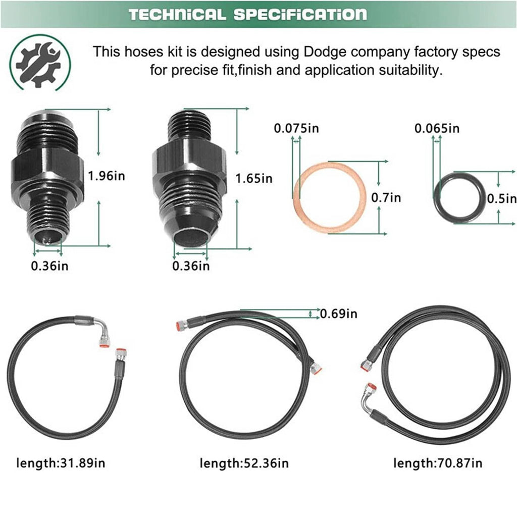 Black transmission cooler hose kit with threaded fittings and O-ring gasket, diagram view