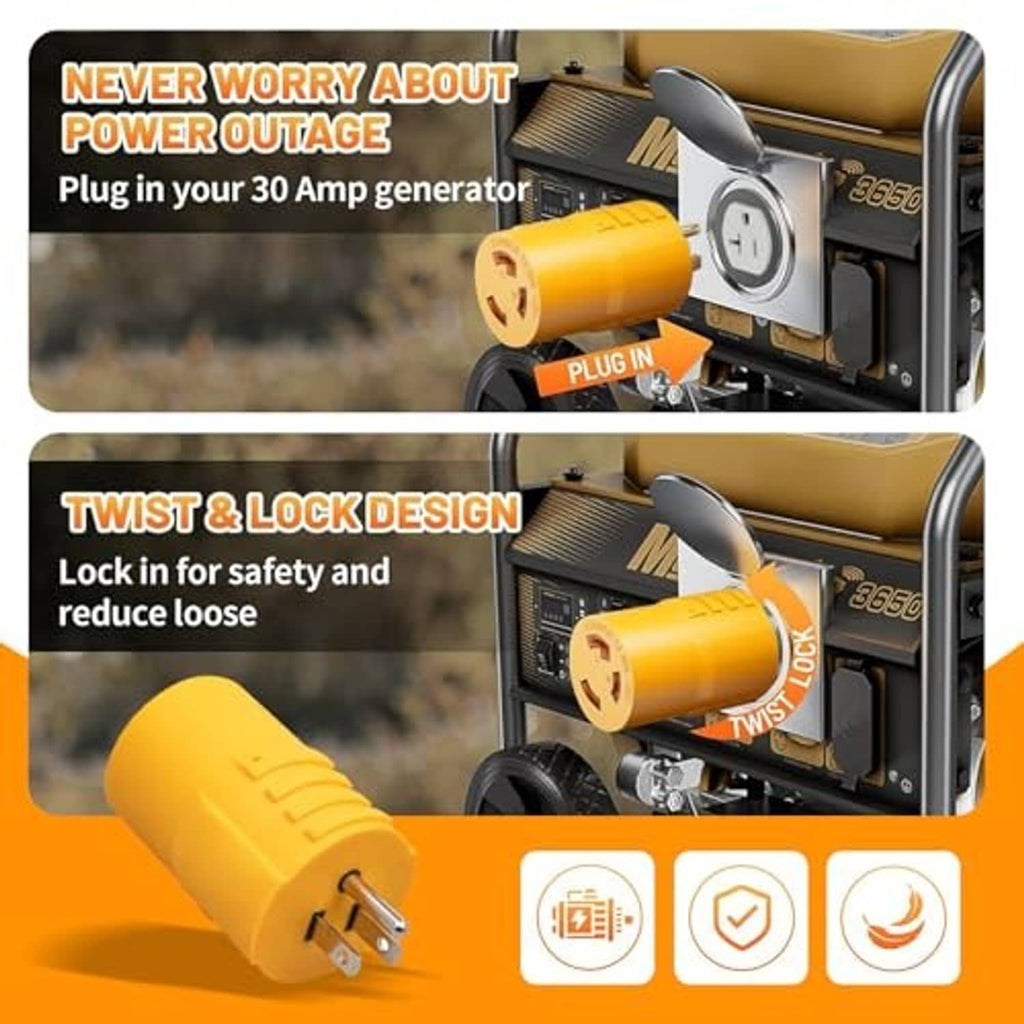 Yellow twist-lock adapter plug connected to generator outlet with three-prong face