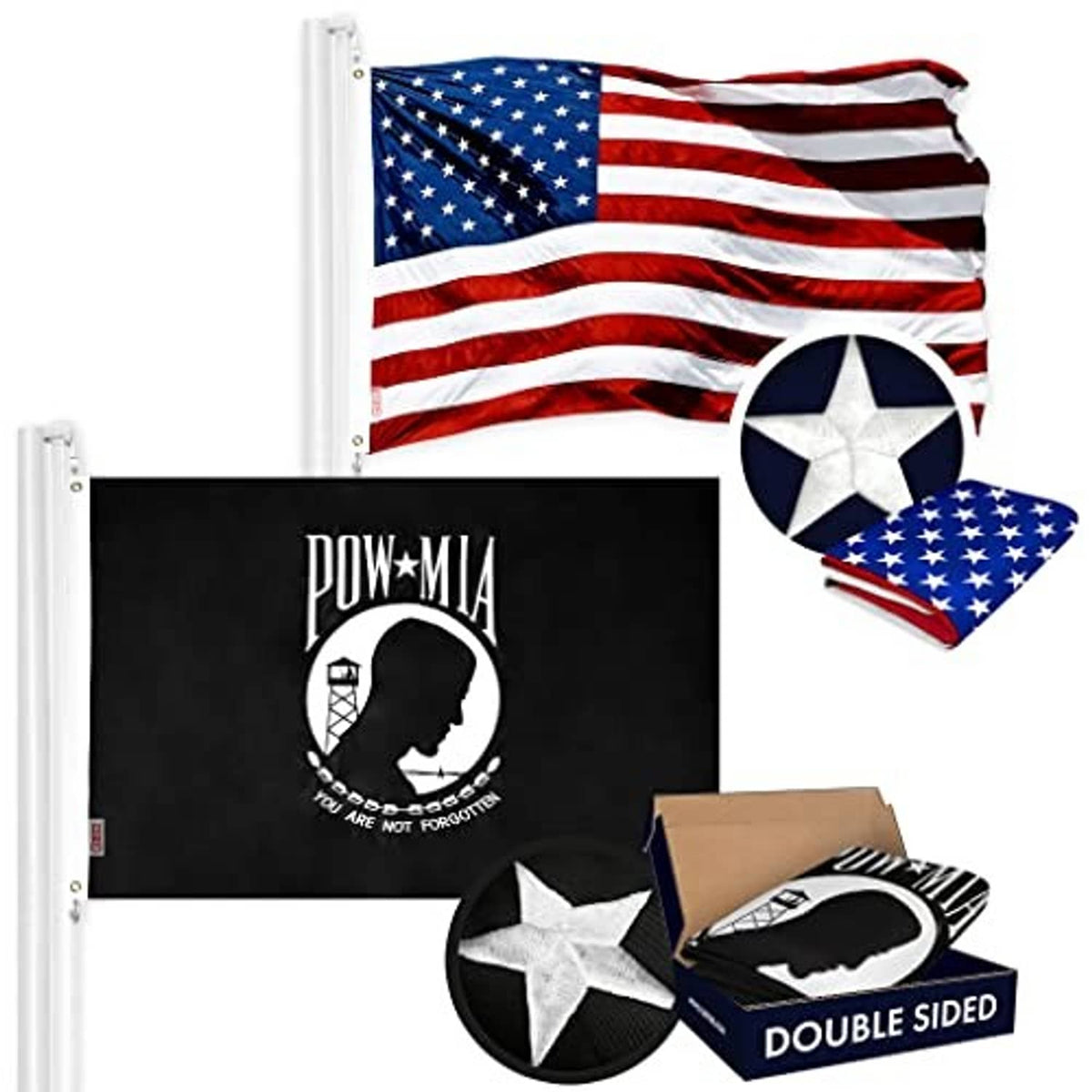 Set of USA and POW-MIA embroidered flags with star emblem and POW-MIA portrait