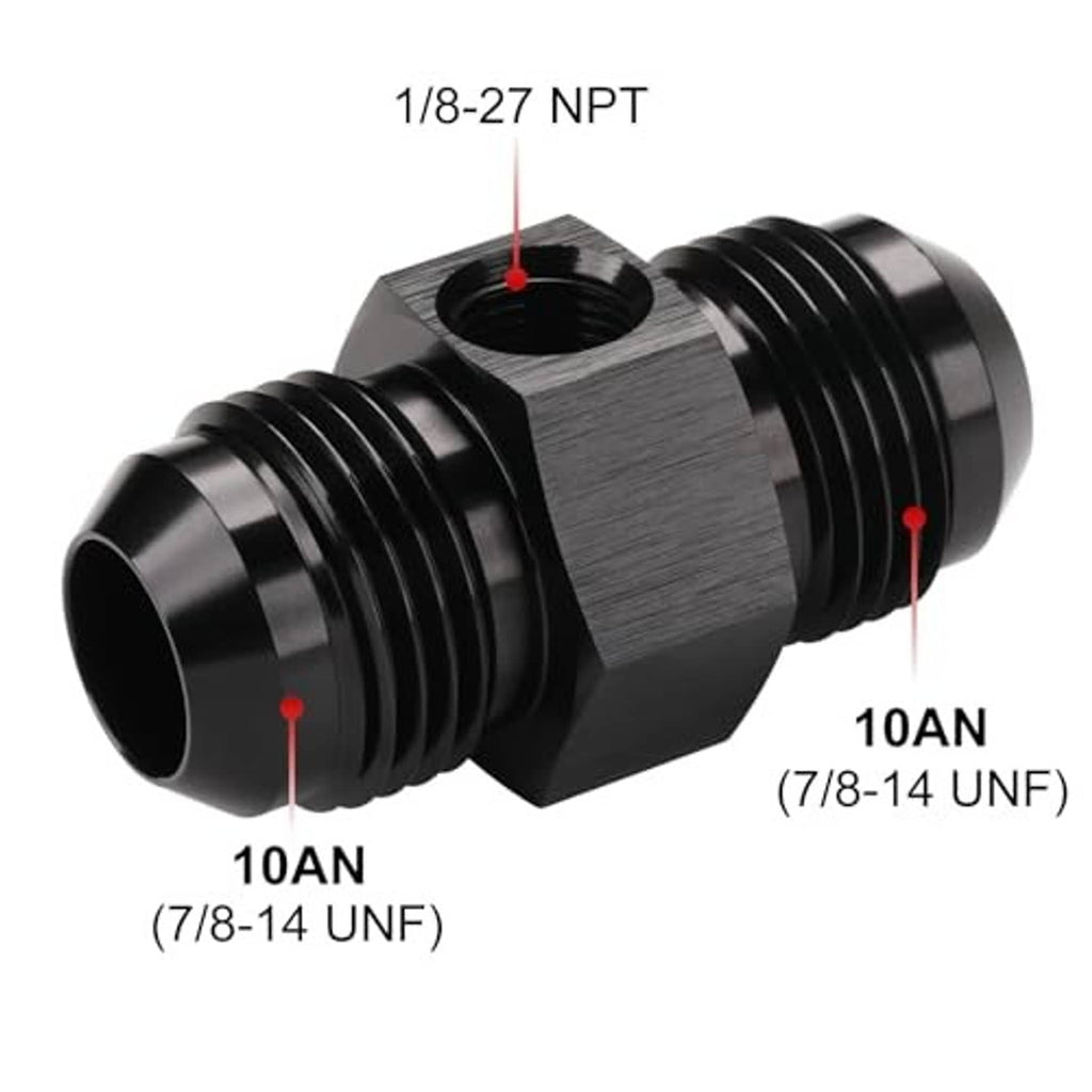 Black 10AN male-to-male flare adapter fitting, 1/8-27 NPT spec shown