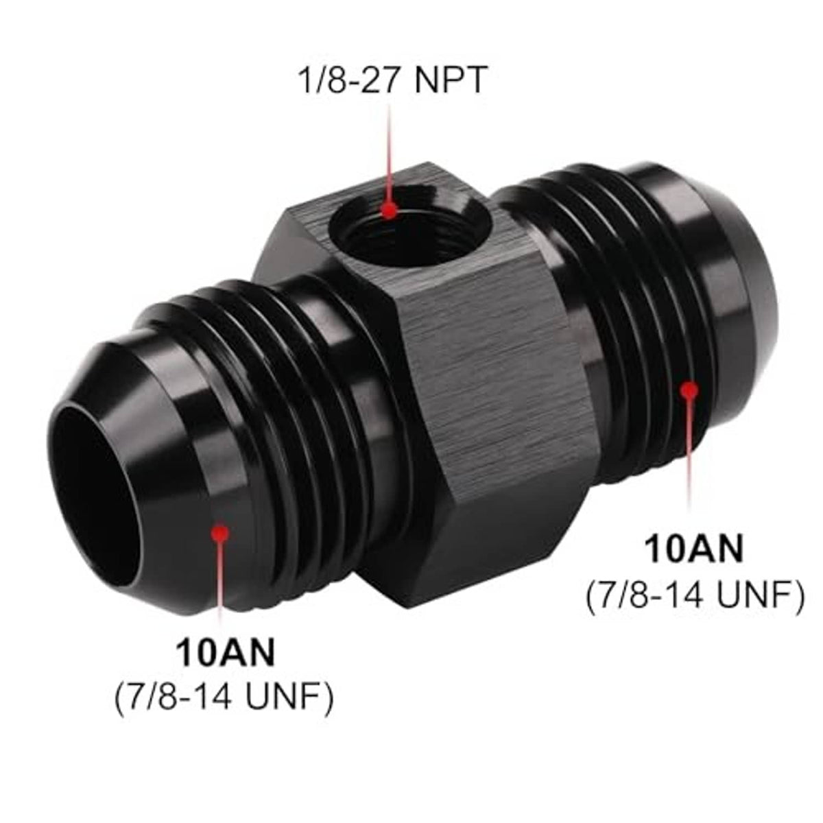 Black 10AN male-to-male flare adapter fitting, 1/8-27 NPT spec shown