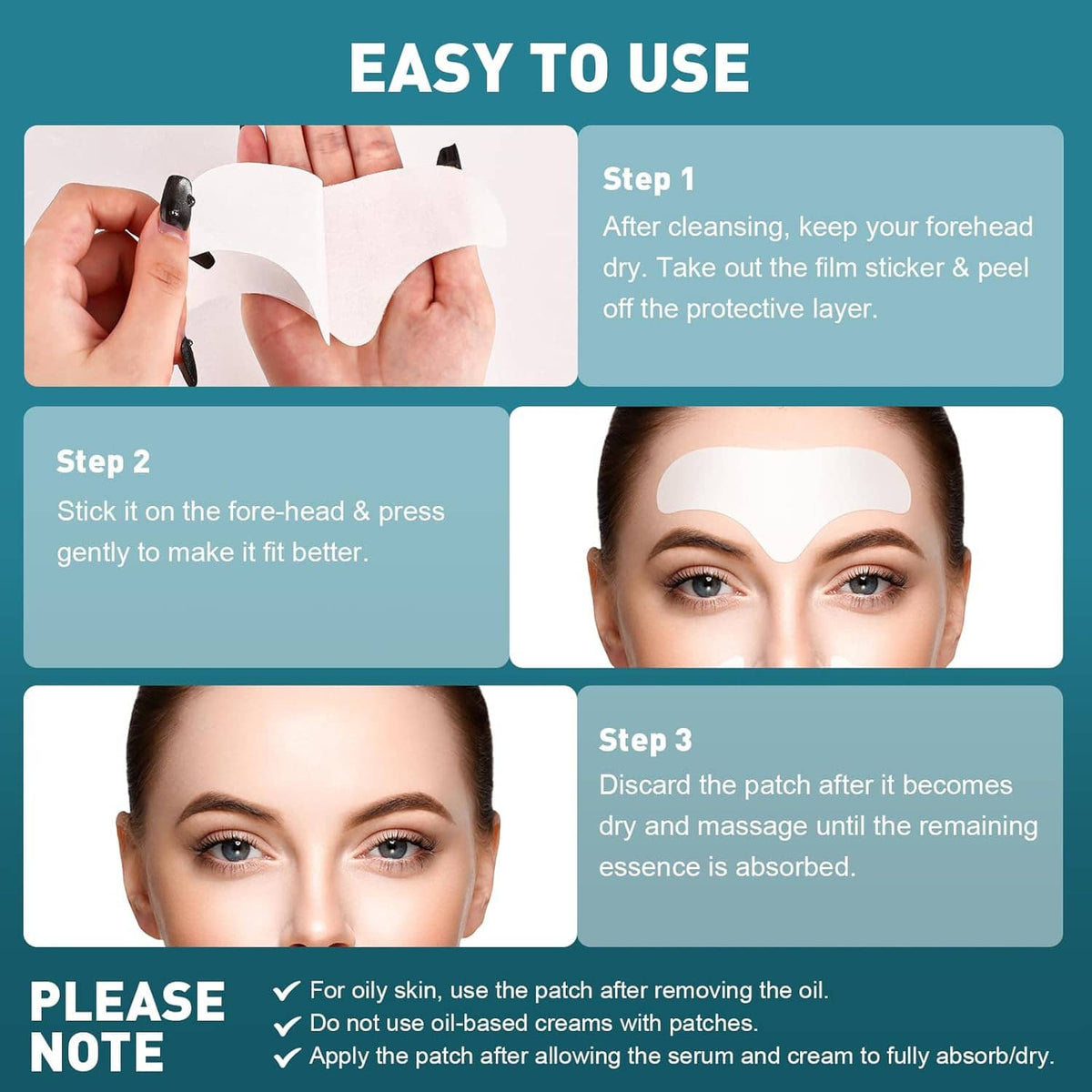 Forehead wrinkle patch shown in easy-to-use steps, peel and apply
