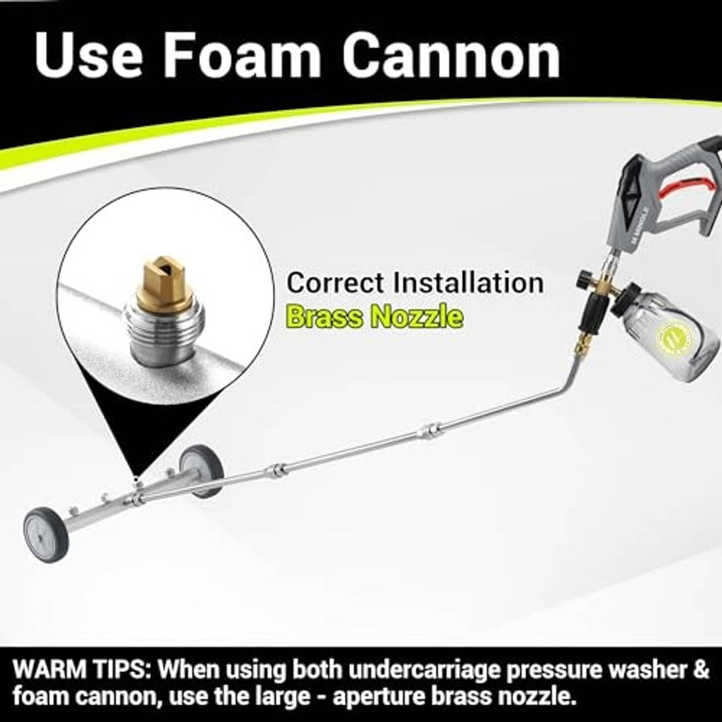 Foam cannon attachment with spray wand and brass nozzle for undercarriage cleaning