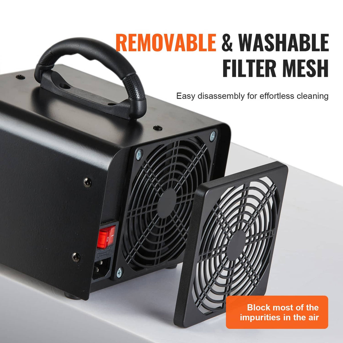 Ozone generator machine showing removable fan filter mesh and side air intake grille