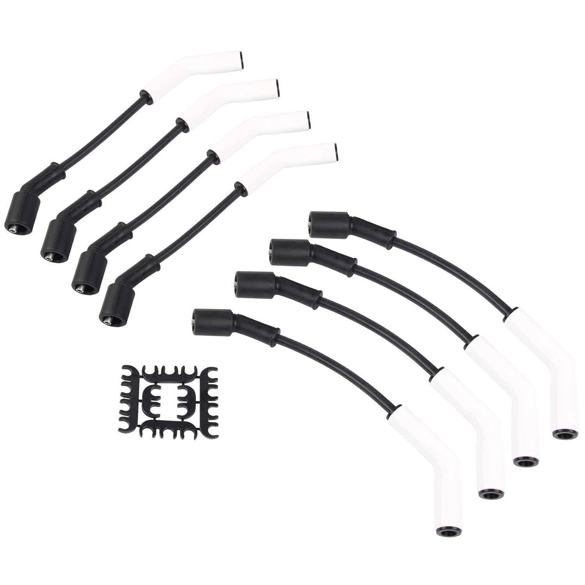 Spark plug wire set with black end boots, white ceramic boots, and retainer clips