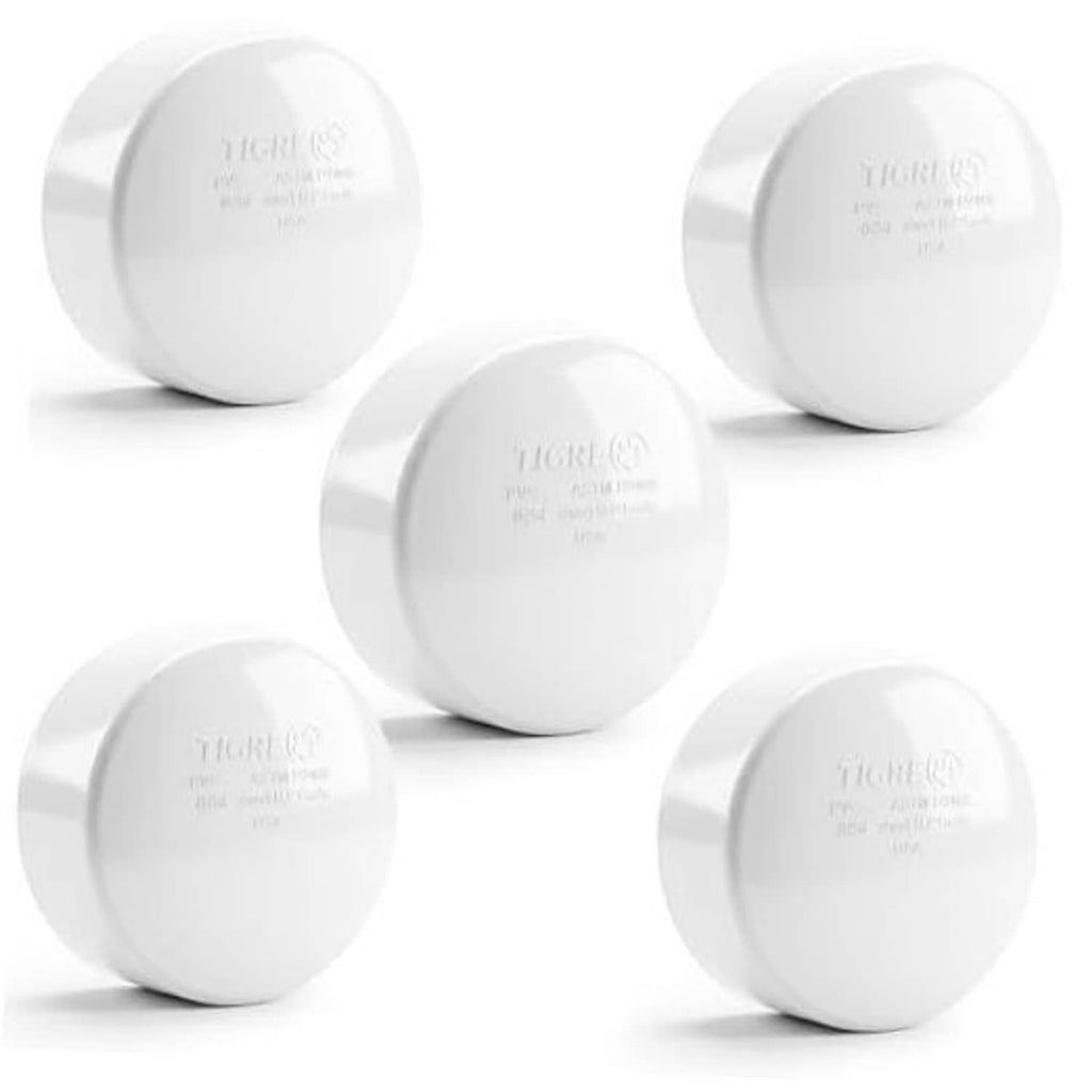 Set of five white PVC DWV hub end caps, round top, smooth finish
