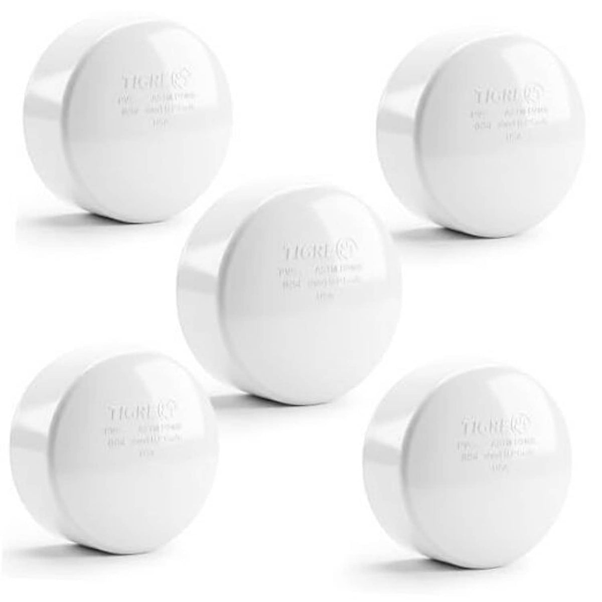 Set of five white PVC DWV hub end caps, round top, smooth finish