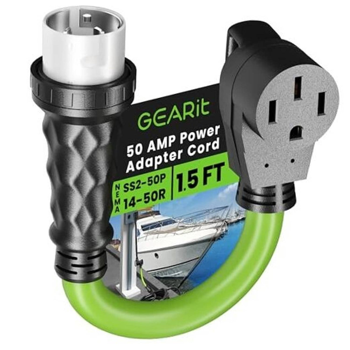 Green and black power adapter cord with SS2-50P male and 14-50R female connectors, 1.5 ft