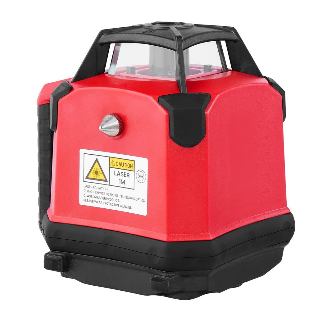Red rotary laser level with black protective housing and top handle, front label visible