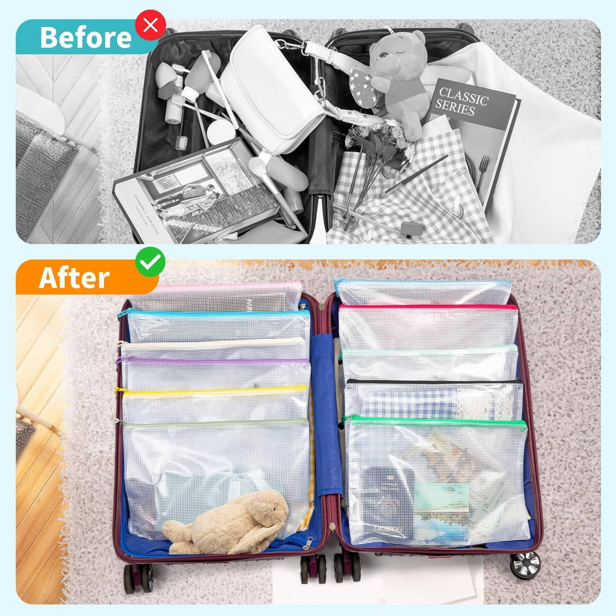 Two transparent A4 zipper pouches with colored zipper borders and divided storage