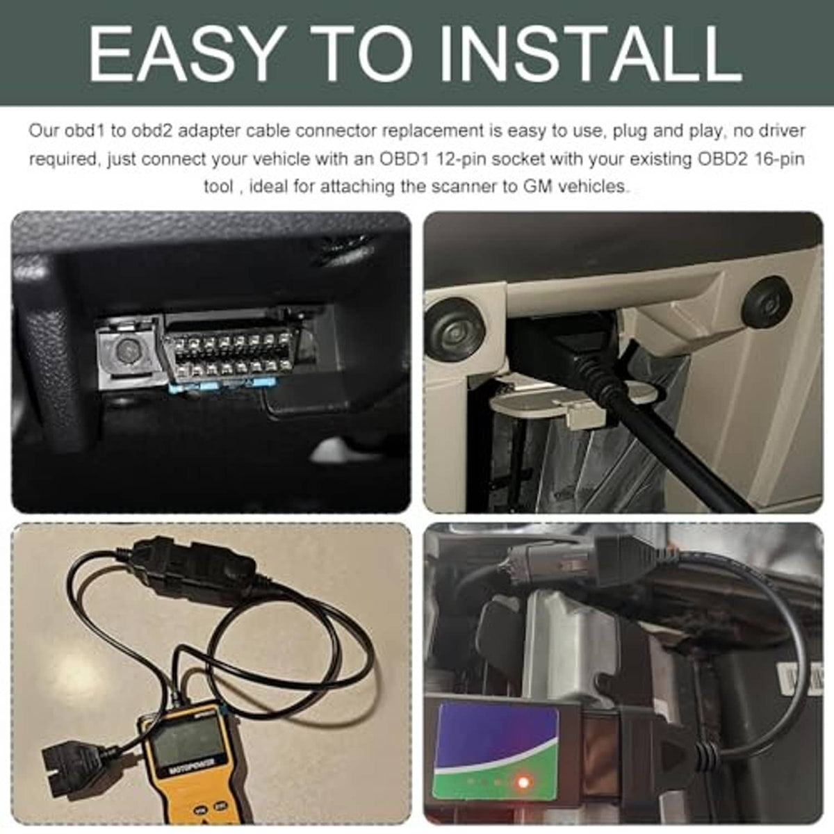 OBD1 to OBD2 adapter kit cable showing 12-pin to 16-pin connection and car use