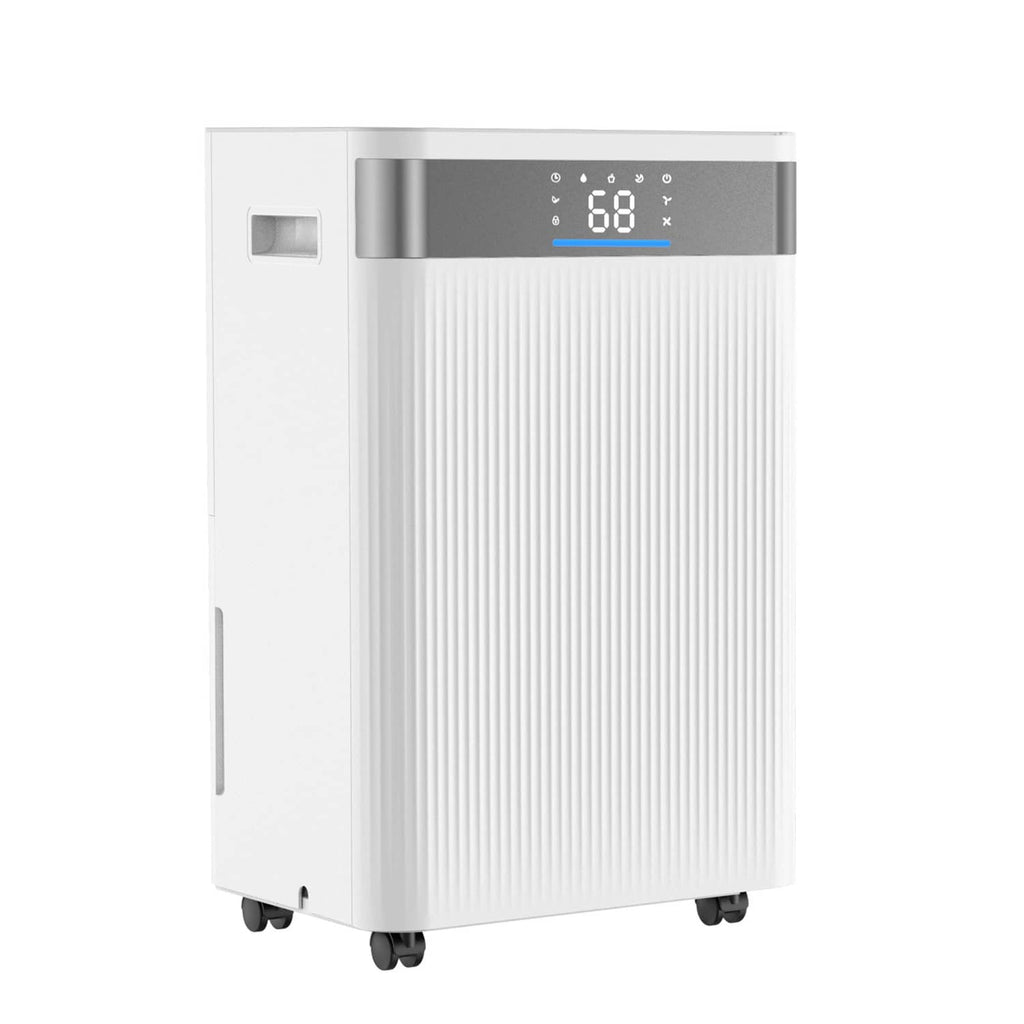 White dehumidifier with top LED display and side panel on caster wheels