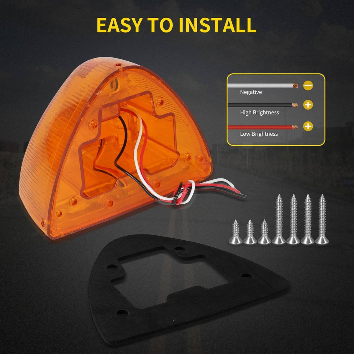 Amber LED turn signal light with wiring, mounting base, and screws