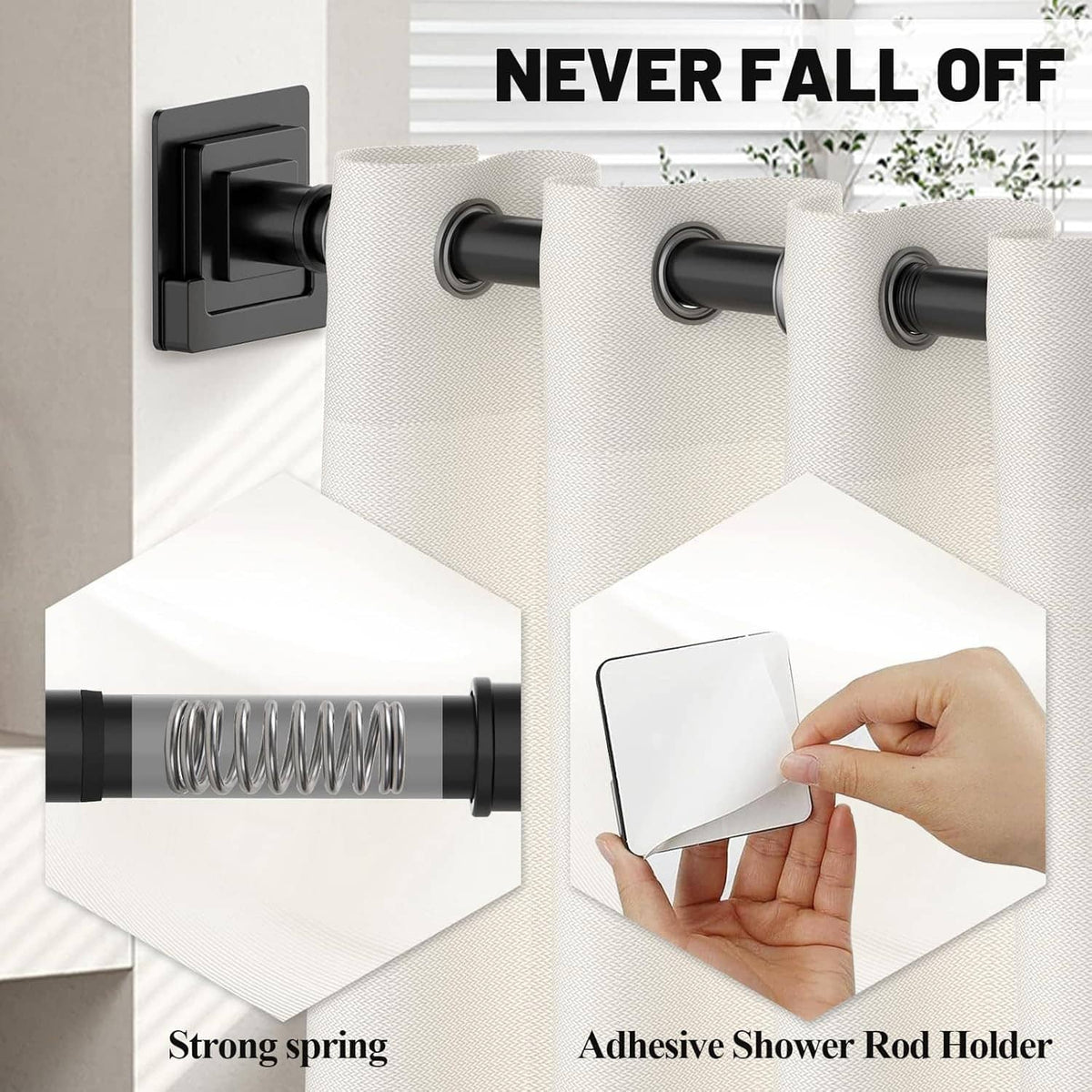Matte black shower rod with wall mount holder and spring-style tension mechanism