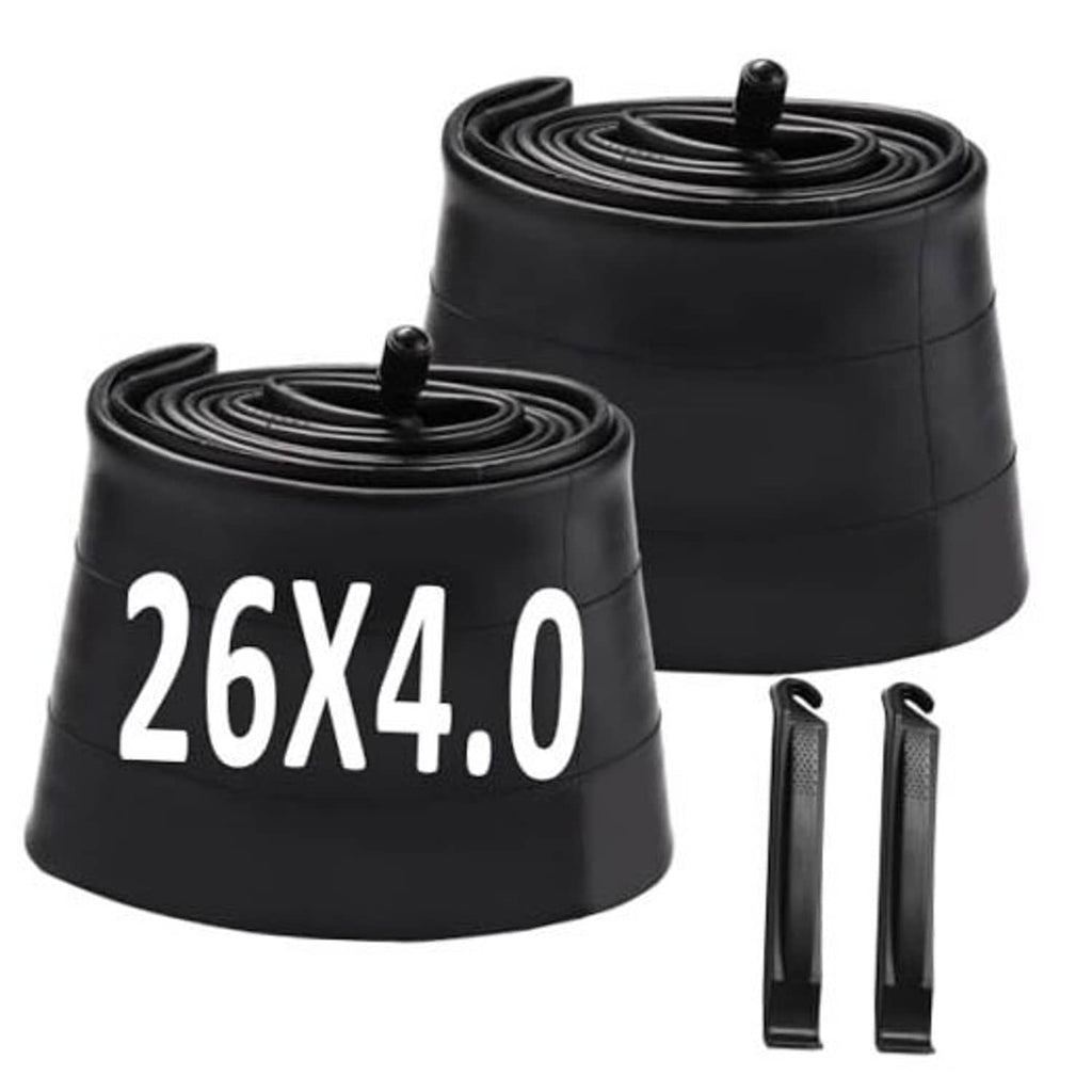 Black 26x4.0 bike inner tubes with Schrader valve, rolled pair and two tire levers