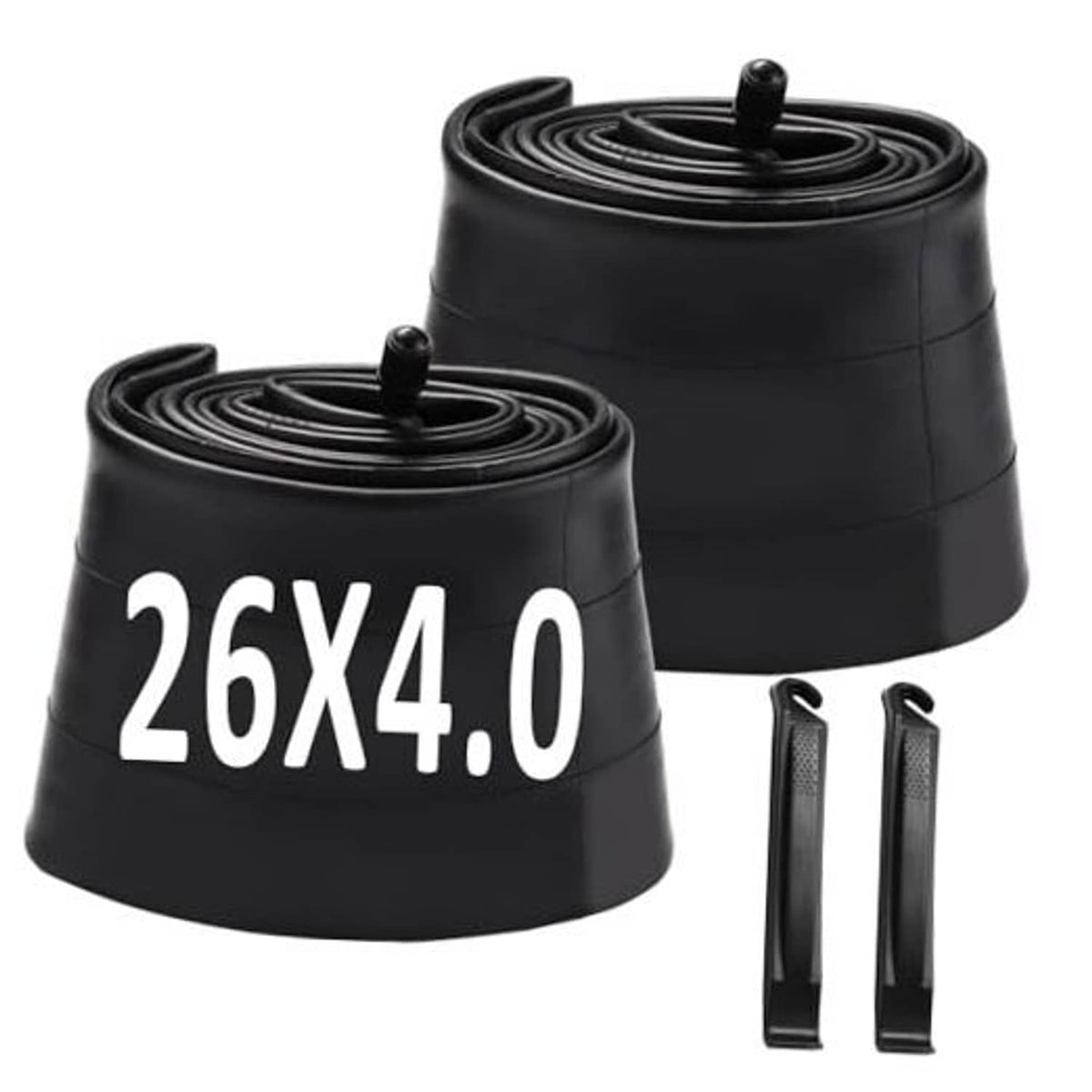 Black 26x4.0 bike inner tubes with Schrader valve, rolled pair and two tire levers