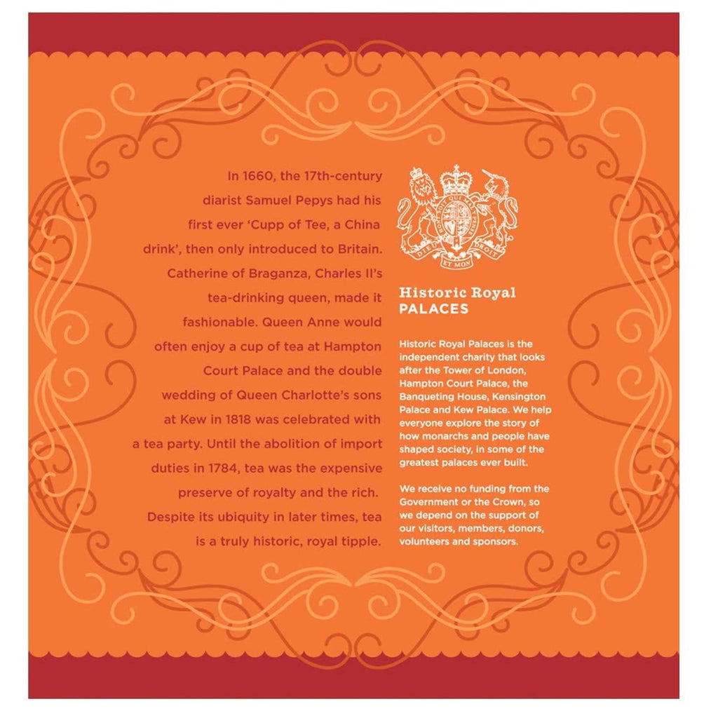 Orange tea tin informational panel about Historic Royal Palaces