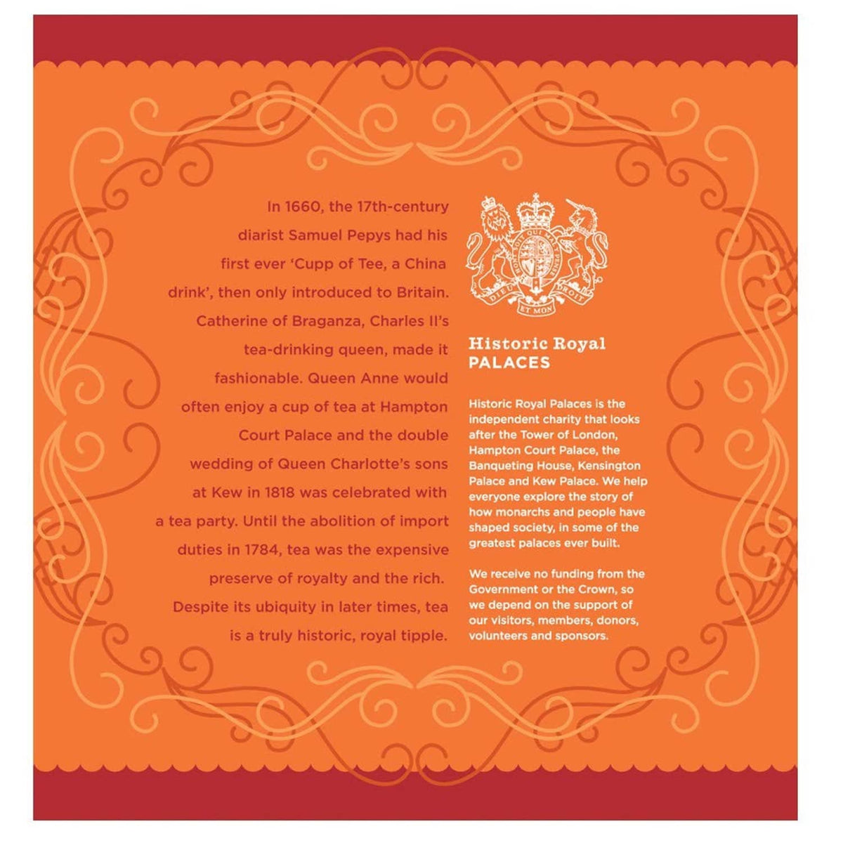 Orange tea tin informational panel about Historic Royal Palaces