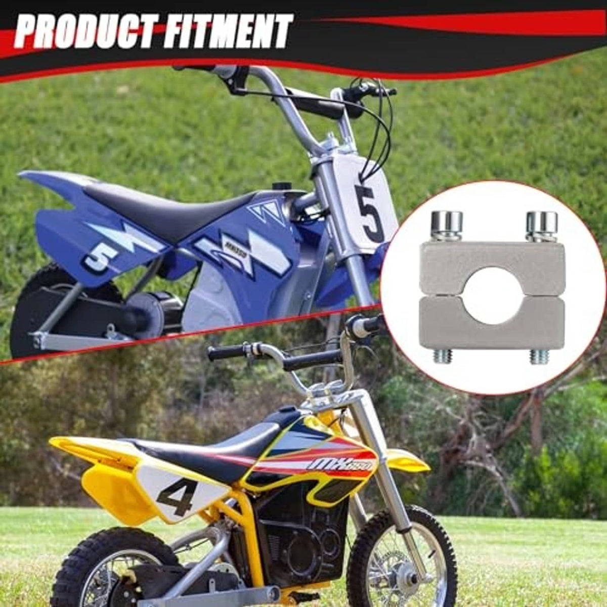 Silver handlebar clamp riser callout next to dirt bike handlebar mounting area