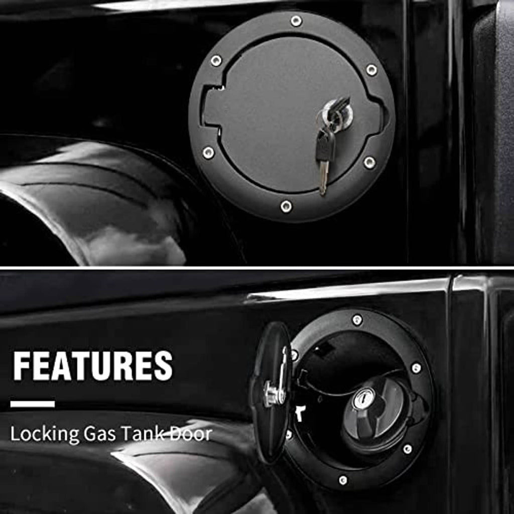 Locking gas tank door cap cover, round black panel with key inserted and screw points