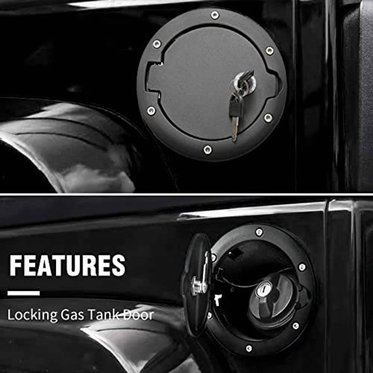 Locking gas tank door cap cover, round black panel with key inserted and screw points