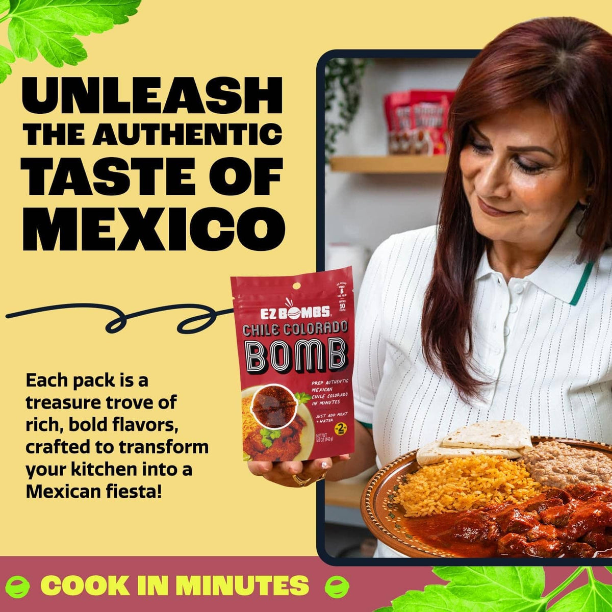 Chile Colorado Bomb seasoning mix packet with promotional text and a prepared dish photo