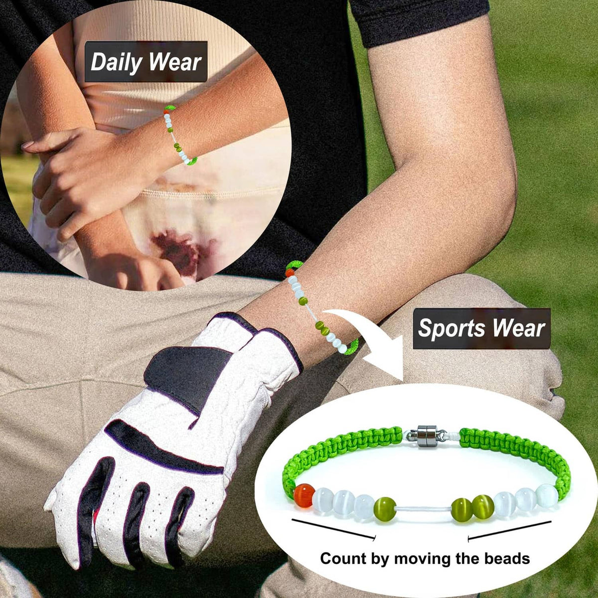 Green beaded golf stroke bracelet worn on wrist; silver magnetic clasp center