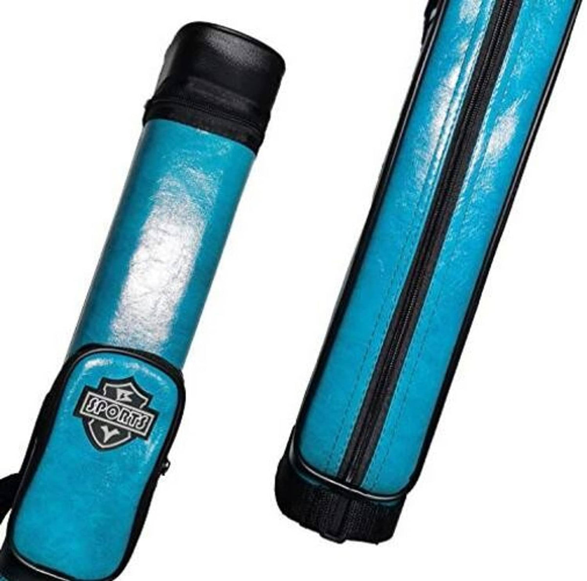 Turquoise hard cue case with black cap, zipper seam, and top emblem badge